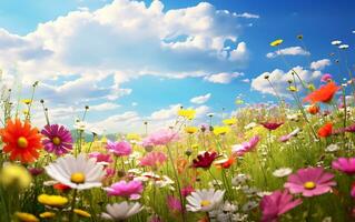 ai generado algunos vistoso flores silvestres y hermosa primavera prados en soleado verano foto