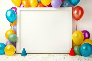 AI generated Birthday frame with color balloons with sparkles, blank frame decoration with balloon , Ai generated photo