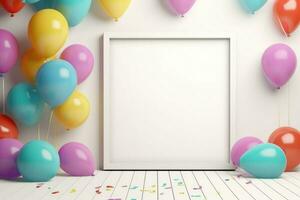 AI generated Birthday frame with color balloons and confetti, Blank frame on color balloons and confetti, AI Generated photo