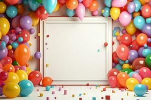 AI generated Birthday frame with color balloons with sparkles, blank frame decoration with balloon , Ai generated photo