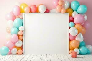 AI generated Birthday frame with color balloons and confetti, Blank frame on color balloons and confetti, AI Generated photo