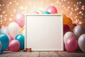 AI generated Birthday frame with color balloons and confetti, Blank frame on color balloons and confetti, AI Generated photo