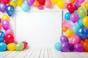 AI generated Birthday frame with color balloons and confetti, Blank frame on color balloons and confetti, AI Generated photo