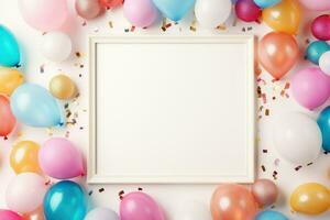 AI generated Birthday frame with color balloons with sparkles, blank frame decoration with balloon , Ai generated photo