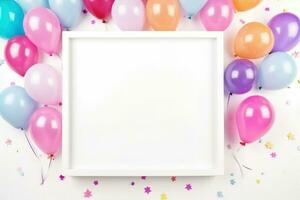 AI generated Birthday frame with color balloons with sparkles, blank frame decoration with balloon , Ai generated photo