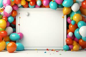 AI generated Birthday frame with color balloons with sparkles, blank frame decoration with balloon , Ai generated photo