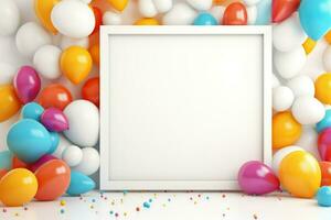 AI generated Birthday frame with color balloons and confetti, Blank frame on color balloons and confetti, AI Generated photo