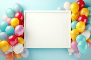 AI generated Birthday frame with color balloons with sparkles, blank frame decoration with balloon , Ai generated photo