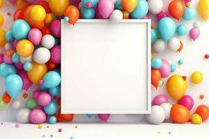 AI generated Birthday frame with color balloons with sparkles, blank frame decoration with balloon , Ai generated photo