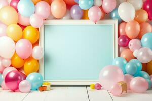 AI generated Birthday frame with color balloons with sparkles, blank frame decoration with balloon , Ai generated photo