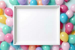 AI generated Birthday frame with color balloons with sparkles, blank frame decoration with balloon , Ai generated photo