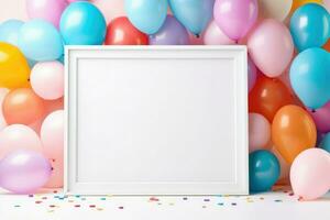 ai generado cumpleaños marco con color globos con destellos, blanco marco decoración con globo , ai generado foto