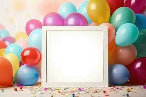 ai generado cumpleaños marco con color globos con destellos, blanco marco decoración con globo , ai generado foto