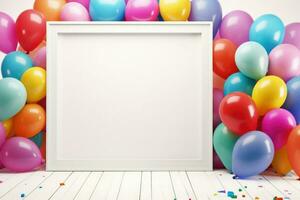 AI generated Birthday frame with color balloons with sparkles, blank frame decoration with balloon , Ai generated photo