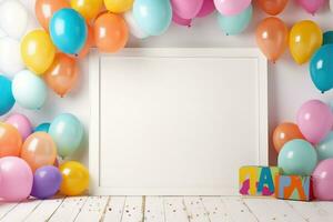 ai generado cumpleaños marco con color globos con destellos, blanco marco decoración con globo , ai generado foto