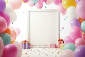 AI generated Birthday frame with color balloons with sparkles, blank frame decoration with balloon , Ai generated photo