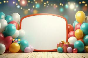 AI generated Birthday frame with color balloons with sparkles, blank frame decoration with balloon , Ai generated photo