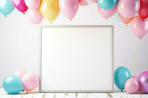 AI generated Blank square frame mockup with color balloons and confetti, square frame on color balloons and confetti, AI Generated photo