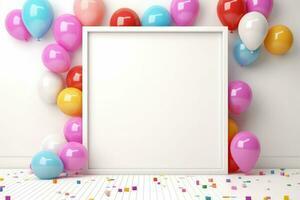 AI generated Blank square frame mockup with color balloons and confetti, square frame on color balloons and confetti, AI Generated photo