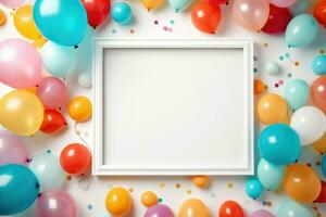 AI generated Blank square frame mockup with color balloons and confetti, square frame on color balloons and confetti, AI Generated photo