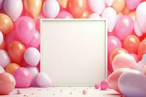 AI generated Blank square frame mockup with color balloons and confetti, square frame on color balloons and confetti, AI Generated photo