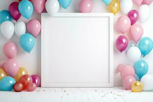 AI generated Blank square frame mockup with color balloons and confetti, square frame on color balloons and confetti, AI Generated photo