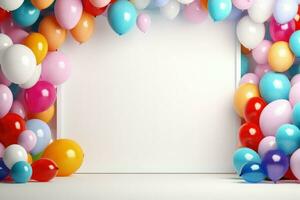 AI generated Blank square frame mockup with color balloons and confetti, square frame on color balloons and confetti, AI Generated photo