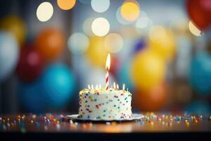 AI generated Colorful birthday cake with candles. isolated on bokeh background, Ai Generated photo