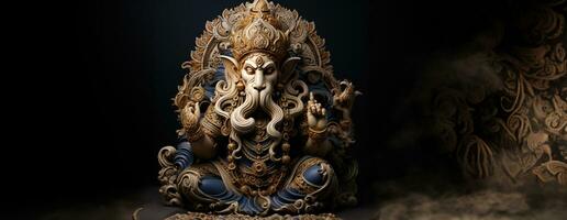 AI Generated Golden lord ganesha sculpture on nature background. celebrate lord ganesha festival. Ai Generative. photo