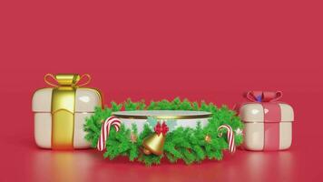 3d cylinder stage podium empty with wreath pine leaves, gift box, candy cane, jingle bell, star light bulb. merry christmas and happy new year video