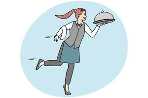 Smiling waitress in uniform bringing dish to client in restaurant. Happy female server with meal working in cafe. Good service concept. Vector illustration.