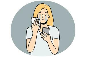 Stressed young woman look at cellphone screen crying. Unhappy girl suffer from bad message or breakup notice on smartphone. Vector illustration.