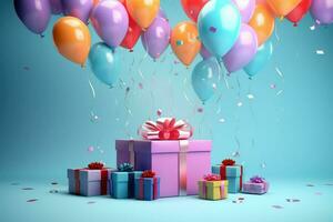 AI generated Colorful balloons background 3D Rendering, Celebratory blue background with color balloons, confetti, sparkles, lights, AI Generated photo