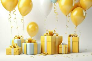 AI generated Birthday background with Gift boxes color balloons and confetti, 3d render of birthday background, AI Generated photo