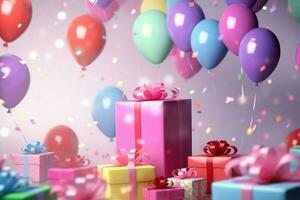 AI generated Colorful balloons background 3D Rendering, Celebratory background with color balloons, confetti, sparkles, lights, AI Generated photo