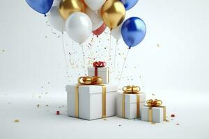AI generated Birthday background with Gift boxes color balloons and confetti, 3d render of birthday background, AI Generated photo