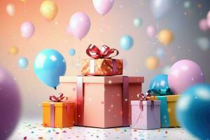 AI generated Colorful balloons background 3D Rendering, Celebratory background with color balloons, confetti, sparkles, lights, AI Generated photo