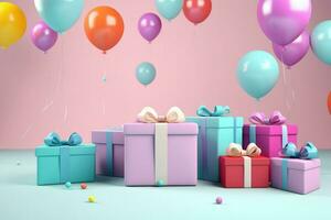 AI generated Colorful balloons background 3D Rendering, Celebratory background with color balloons, confetti, sparkles, lights, AI Generated photo