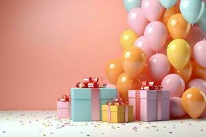 AI generated Colorful balloons background 3D Rendering, Celebratory background with color balloons, confetti, sparkles, lights, AI Generated photo