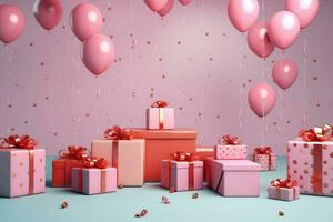 AI generated Colorful balloons background 3D Rendering, Celebratory pink background with color balloons, confetti, sparkles, lights, AI Generated photo