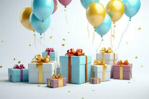 AI generated Gift boxes with color balloons and confetti, 3d render of birthday background with gift box, balloons and confetti, AI Generated photo