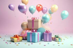 AI generated Colorful balloons background 3D Rendering, Celebratory background with color balloons, confetti, sparkles, lights, AI Generated photo