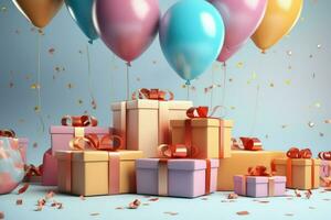 AI generated Colorful balloons background 3D Rendering, Celebratory background with color balloons, confetti, sparkles, lights, AI Generated photo