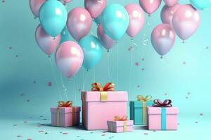 AI generated Colorful balloons background 3D Rendering, Celebratory background with color balloons, confetti, sparkles, lights, AI Generated photo