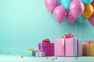 AI generated Colorful balloons background 3D Rendering, Celebratory background with color balloons, confetti, sparkles, lights, AI Generated photo
