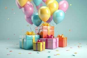 AI generated Colorful balloons background 3D Rendering, Celebratory background with color balloons, confetti, sparkles, lights, AI Generated photo