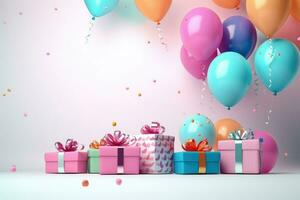 AI generated Colorful balloons background 3D Rendering, Celebratory background with color balloons, confetti, sparkles, lights, AI Generated photo