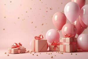 AI generated Colorful pink balloons background 3D Rendering, Celebratory background with color balloons, confetti, sparkles, lights, AI Generated photo