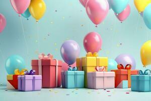 AI generated Colorful balloons background 3D Rendering, Celebratory blue background with color balloons, confetti, sparkles, lights, AI Generated photo