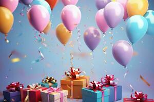 AI generated Colorful balloons background 3D Rendering, Celebratory blue background with color balloons, confetti, sparkles, lights, AI Generated photo